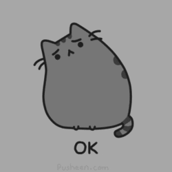 Cartoon gif. A black-and-white illustration of a sad Chibi cat with tiny forepaws. Text, "OK."