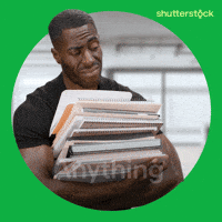 Sponsored gif. Man struggles to adjust the towering stack of notebooks and binders in his arms. Text reads, “Anything else?”