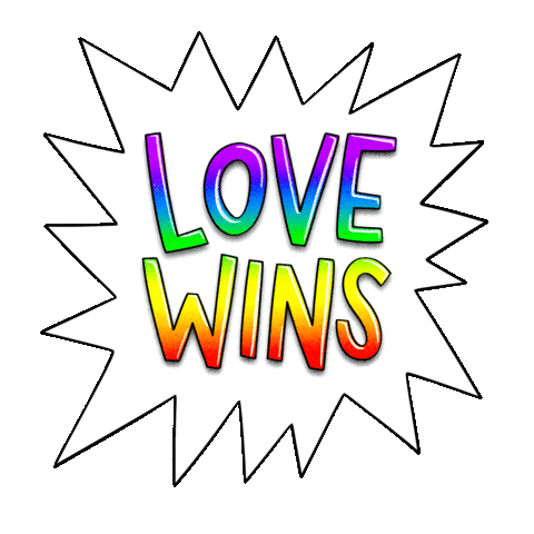 Text gif. White dodecagram with extra long points with a rainbow message that reads, "Love wins!"