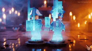 Video game gif. LEGO characters undergoing a holographic transformation. They're standing on circular bases, surrounded by glitching blue holographic panels. The background is a dimly lit room with a warm, ambient glow.