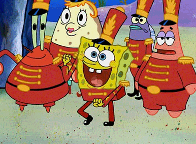 SpongeBob gif. SpongeBob dances while standing with Patrick, Mr. Krabs, and Mrs. Puff in marching band outfits.