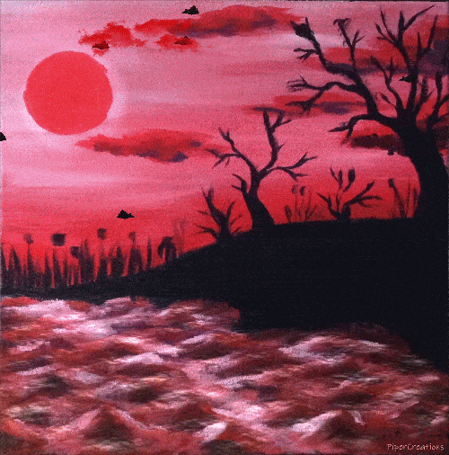 Pipercreations Redsunset Bats Nature Oilpainting Water Trees Moon Clouds Night GIF