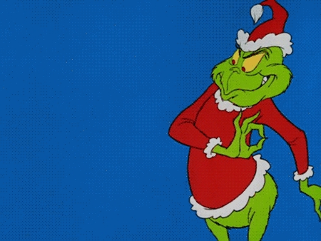 Cartoon gif. The Grinch wearing a Santa disguise, smiling devilishly and putting his hand up to his ear.