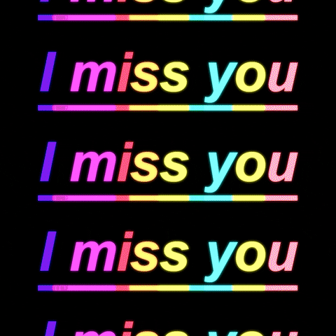Text gif. The underlined words "I miss you" flash in a rainbow of colors against a black background, dropping down from the top of the screen like a continuous reel. 