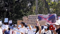 Anti-Military Protesters Gather Outside Embassies in Yangon
