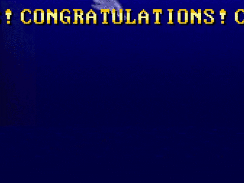 Video game gif. From Ecco the Dolphin, a dolphin crests and does a flip in the air and dives back into water. Text, "congratulations!"