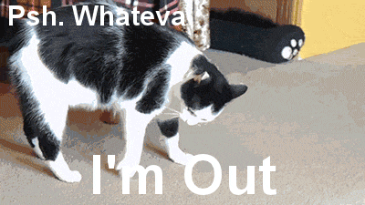Video gif. A black and white cat curls up like a ball and rolls across a room. Text, "Psh. Whateva. I'm out."