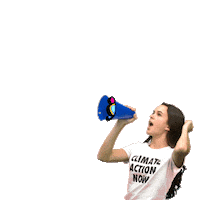 Digital art gif. Woman wearing a "climate action now" t-shirt yells into a megaphone, raising her fist as she screams. Colorful, all-caps text emanates from the megaphone and reads, "Fight climate change."