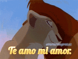 Disney gif. Simba and Nala from The Lion King are cuddling and text reads, "Te amo mi amor."