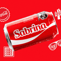 Sponsored gif. A red can of Coca-Cola with the name "Sabrina" spins horizontally. Coca-Cola logos on bottle caps and sunglasses are in the background.