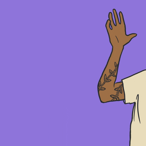 Illustrated gif. Mixed race young person with tattoos, a white t-shirt, and a necklace with the Hebrew character for "l'chaim," waves on a purple background, with a word bubble appearing reading "hi."