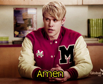 TV gif. Chord Overstreet as Sam Evans on Glee sits seriously and looks over at someone and spreads his mouth into a line after saying, “Amen.”