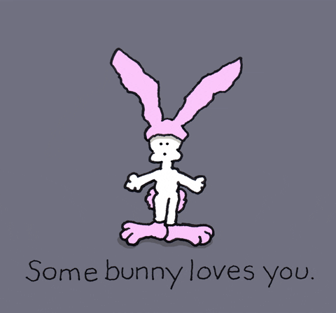 Illustrated gif. White bunny with pale pink ears and paws, dances and hops with its arms out. Text, "Some bunny loves you."