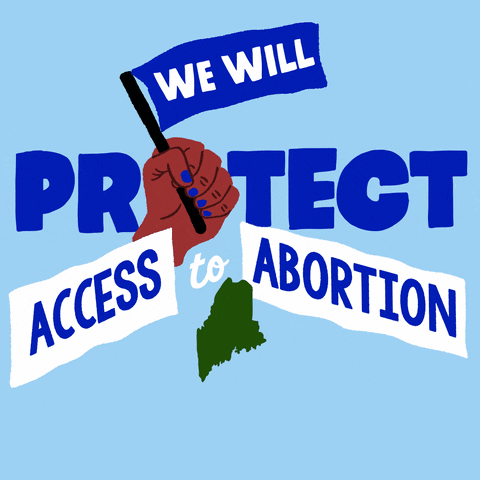 Text gif. Brown hand with blue fingernails against light blue background waves a dark blue flag up and down that reads, “We will,” followed by the text, “Protect access to abortion. Maine.”