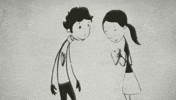 Illustrated gif. Woman places a heart-shaped piece in the hole of a man's chest. The heart turns red and she kisses him on the cheek as he smiles.