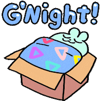 Sticker gif. Baby blue bunny happily tucked snuggly inside a cardboard box with a blanket of colorful retro triangles, beneath responsive bubble letters that quiver with their breath. Text, 'G'Night!'