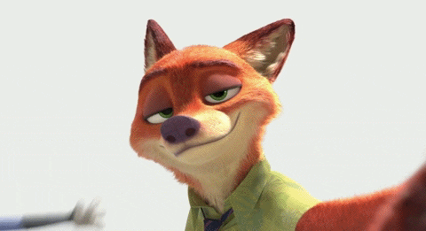 Disney gif. Judy in Zootopia comes crashing in for a side hug with Nick. She lands cheek to cheek with a big smile as Nick sighs.