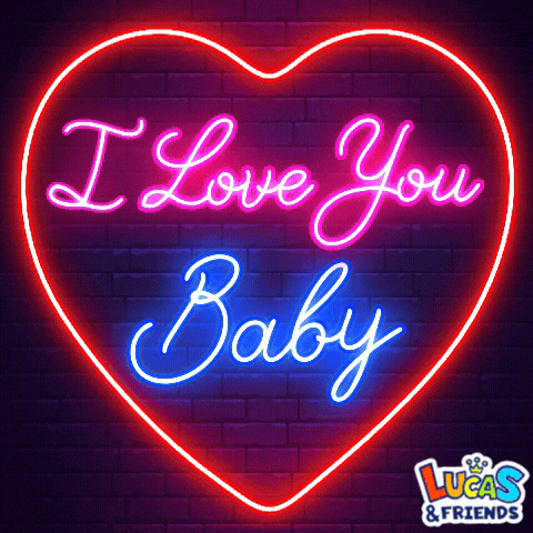 Text gif. The words "I love you baby" is written inside a heart and the text flashes in neon red, pink, and blue.