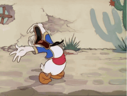 Disney gif. Donald Duck stretches his arms over his head in myrth then lays down to belly laugh.