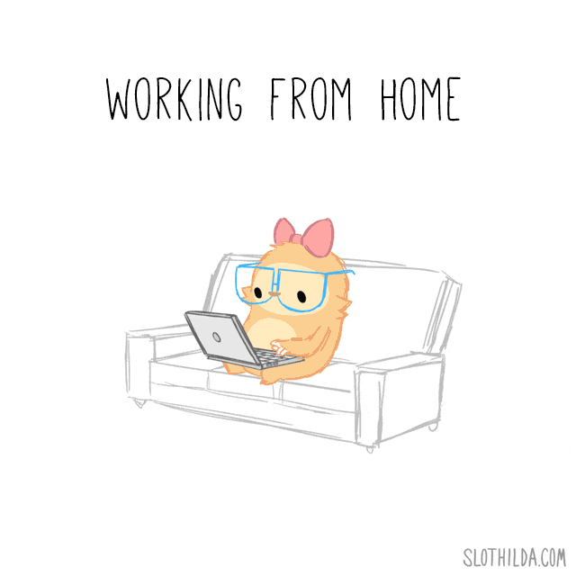 An animated animal is working on a laptop and sleeping, with the words "working from home" written above.