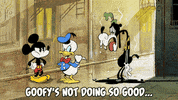 Disney gif. Mickey Mouse, Donald Duck, and Goofy stand in an alleyway. Donald points over to Goofy and says, "Goofy's not doing too good," which is quite true, as Goofy is literally fuming and melting into a puddle of black oil from the extreme heat. Sweat drips off of Mickey and Donald's foreheads as Mickey watches in shock.