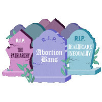 Digital art gif. Graveyard of twinkling tombstones huddled together. Text, "RIP the patriarchy, RIP abortion bans, RIP healthcare inequality."