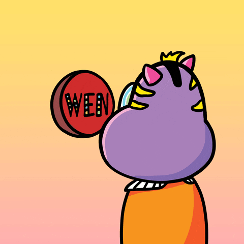 Digital art gif. A purple hippo in an orange polo smashes a button that reads, "Wen," with its forehead.