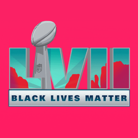 Text gif. Logo for Super Bowl 57, modified to transform the Lombardi trophy into a raised fist and include the words "Black Lives Matter" against a pink background.