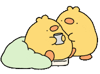 Sticker gif. Two rotund yellow ducks give each other a sweet good morning kiss. One of the ducks is still in bed and it holds a mug and the other stands and embraces it.