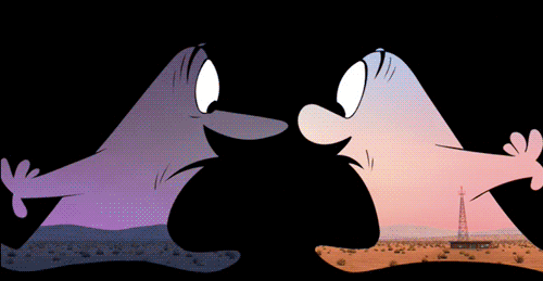 Cartoon gif. Two cartoony buddies, one filled with a landscape resembling the night, and the other with a landscape resembling the day, join in the middle from the sides and hug each other warmly.