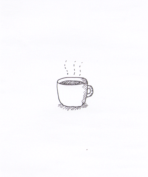 Illustrated gif. Cup of coffee sits and steam comes off the top.