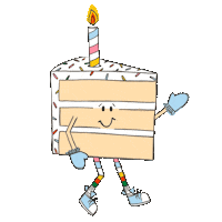 Sticker gif. Smiling vanilla birthday cake has a candle on top and rainbow sprinkles. It has rainbow leggings, blue sneakers, and blue mittens on and it waves at us.