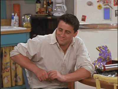 Gif do personagem Joey Tribbiani, da série Friends, interpretado pelo ator Matt LeBlanc. Na cena, Joey abre bem os olhos e levanta as sobrancelhas em uma expressão de súbita de compreensão, como se acabasse de entender algo óbvio que não havia percebido antes. Esta expressão facial frequentemente é usada para representar o momento de 'eureka' ou quando alguém finalmente entende uma informação que estava diante dele o tempo todo.
