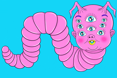 Illustrated gif. Twitching pink segmented worm with a baby face, eight blinking eyes, and droopy batwing horns.