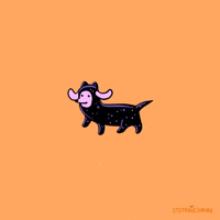 Illustrated gif. Pink Dachshund wearing a black cat costume struts in place as its ears swing from side to side.