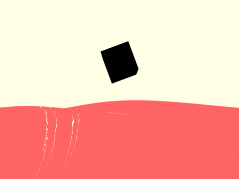 a black cube dropping in a ocean of orange water making splashes and air pockets as it goes under water