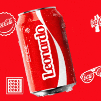 Sponsored gif. A red can of Coca-Cola with the name "Leonardo" printed on it tilts back and forth. Coca-Cola logos on bottle caps and sunglasses are in the background.