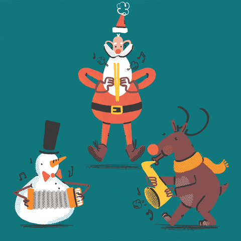 Digital art gif. Snowman plays the accordion, Santa plays the cymbals, and a reindeer plays the saxophone as they dance together in front of a teal background.