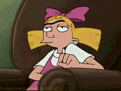 Cartoon gif. Helga from Hey Arnold sits in a high backed chair with a bored look on her face as she taps her fingers on the chair impatiently. 