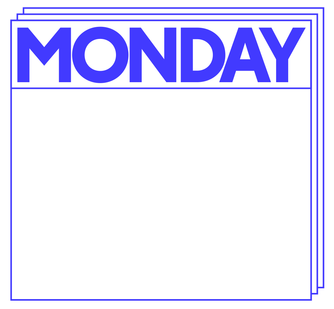 Digital art gif. A pink circular loading symbol runs in circles below large blue letters that read, "Monday."