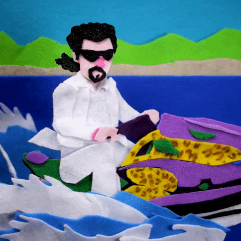 a stop motion animation of a man wearing a white suit and riding a purple jet ski with leopard print on the ocean with green mountains in the background