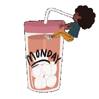 Sticker gif. Small character with a curly afro climbing atop a large glass with an iced drink in it, inhaling the beverage fervently with a straw. Text, 'Monday.'