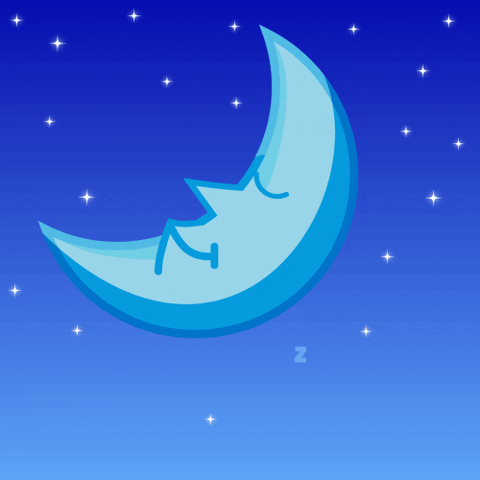 Illustration gif. Blue crescent moon with a face floats in a starry night sky asleep. Its mouth slightly wiggles as it sleeps.