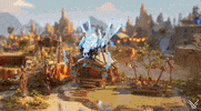 Video game gif. The scene starts with an areial view of a LEGO themed amusement park. One of the attractions cycles through different appearances, changing from a ferris wheel to a hot dog stand, and a few other attractions.. The scene then cuts to a character selection screen where different LEGO mini-figures standing on circular bases are cycled through, surrounded by glitching blue holographic panels. The background is a dimly lit room with a warm, ambient glow.