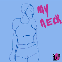 Illustrated gif. Woman dances happily, swinging her hips. A pizza appears, then a hand scooping up a plate of snacks. Text, “My neck, my back, my pizza, and my snacks.”