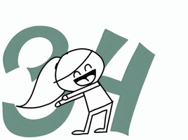 Illustrated gif. Black and white drawing of a woman in a ponytail happily dances from side to side while a giant number 34 in alternating colors bounces in front of and behind her. 