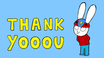 Cartoon gif. Simon Super Rabbit looks to the side with a grateful grin. Large yellow text reads, "Thank you"