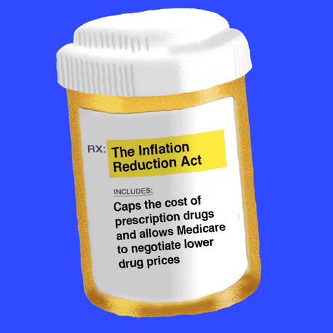 Digital art gif. Orange prescription bottle with a white cap shakes against a blue background. Text on the label reads, “Rx: The Inflation Reduction Act. Includes: Caps the cost of prescription drugs and allows Medicare to negotiate lower drug prices.”