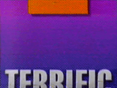 Text gif. Silver block letters reading, "Terrific Tuesday" shrink while moving upwards. A vibrant orange square slides through the bold purple background, passing behind the text.