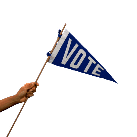 Video gif. Navy blue pennant reads, "Vote," as it waves in front of a transparent background. White check marks morph into hearts before exploding into emphasis lines around the flag.